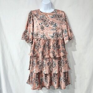 Code Mode Womens Tiered Paisley Pleated Mini Dress Size M Regency Garden Party